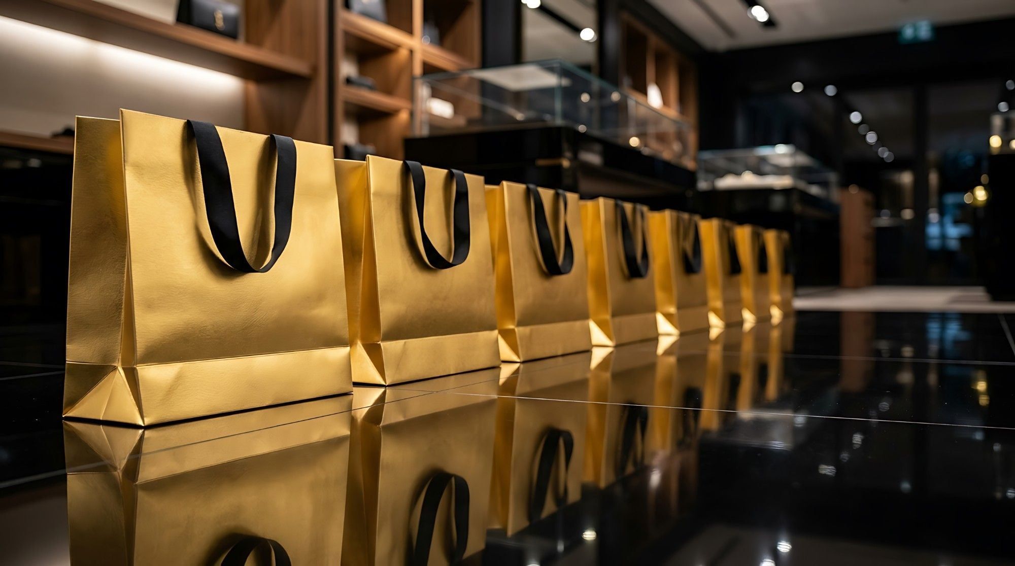 Fila de bolsas de regalo doradas con asas negras, listas para entregar