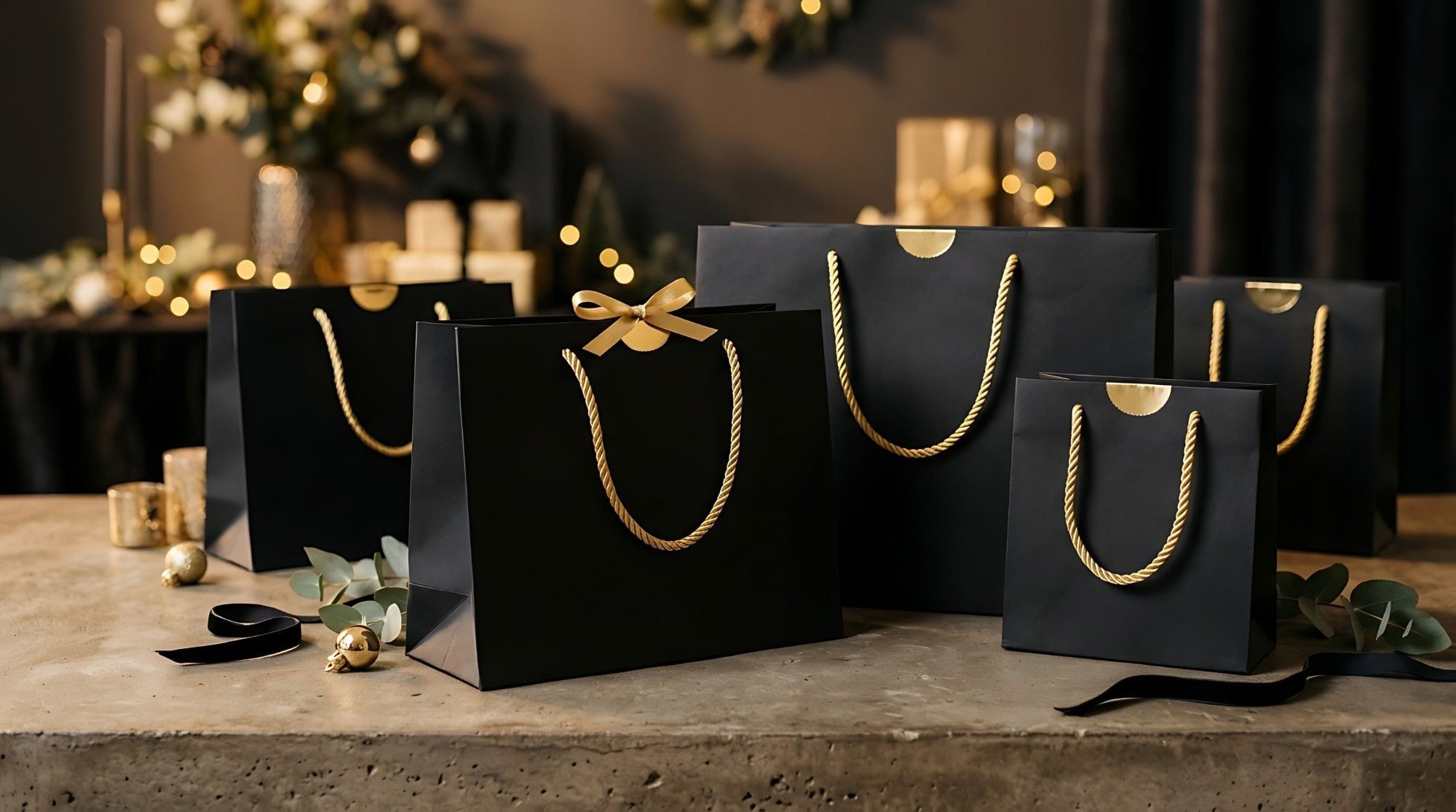 Bolsas de regalo negras con asas doradas y lazo para regalos corporativos