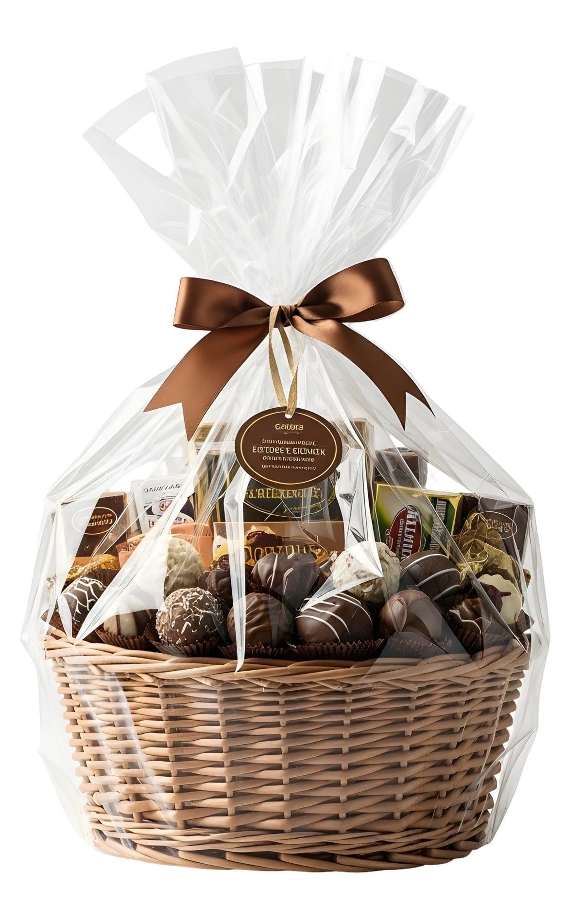 Canasta de chocolates envuelta en celofán con lazo café y etiqueta